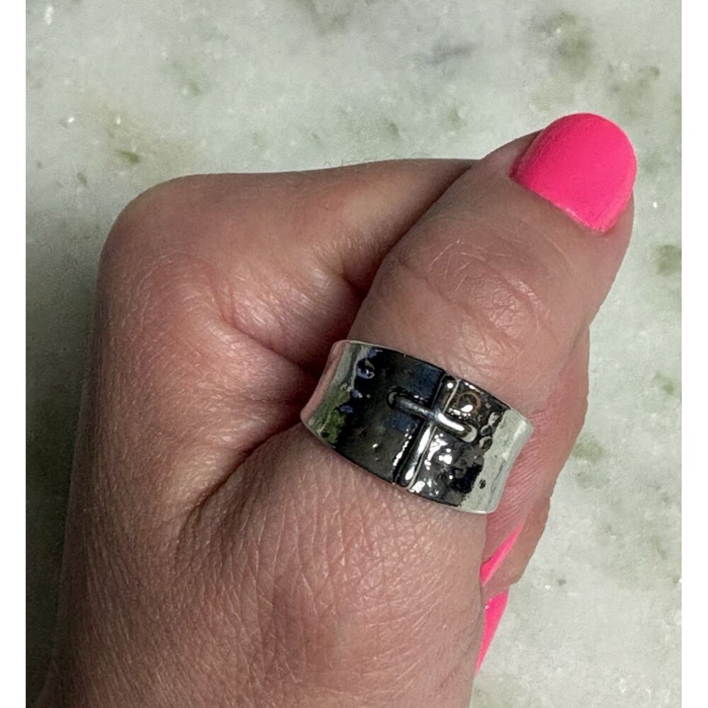 Unisex Sz 7 Silver Tone Cross Ring Thick Chunky Christian Gift Jewelry